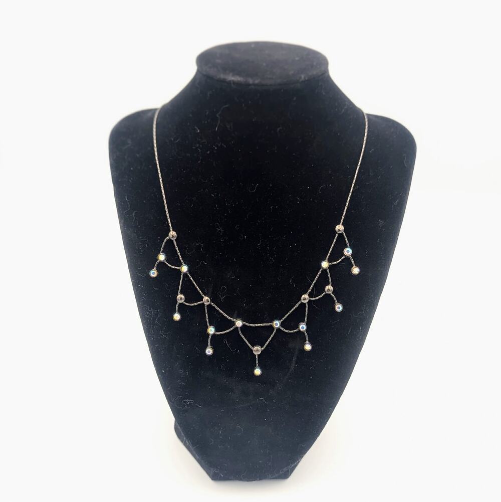 Y2K Lady Remington Black Wire Statement Necklace | Iridescent Glass Drops